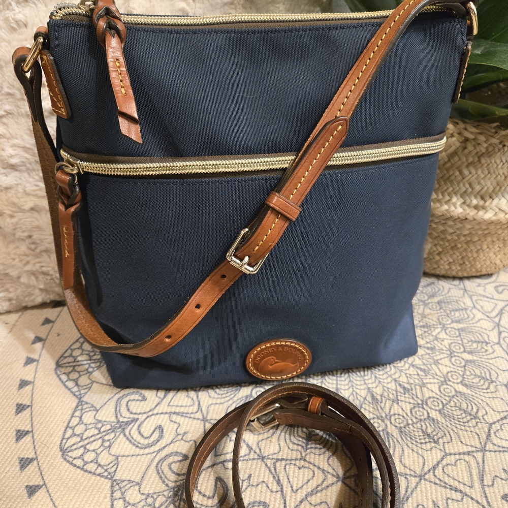 Dooney & Bourke Navy Canvas Crossbody with Brown Leather Trim and Gold Hardware